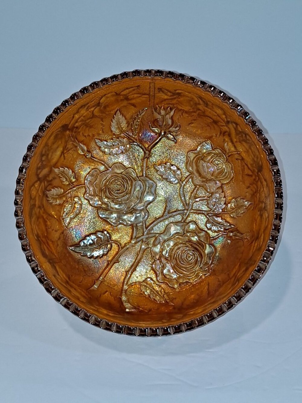 Antique Imperial Carnival Glass 3-Footed Bowl Rose Pattern Marigold Iridescent